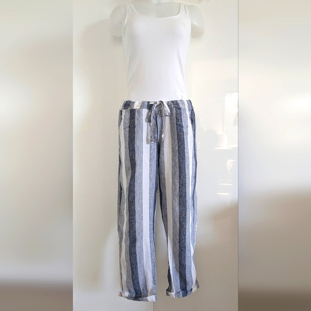 ALLEN ALLEN Multi-Striped Blue And Cream Linen Ankle Pant; Size L